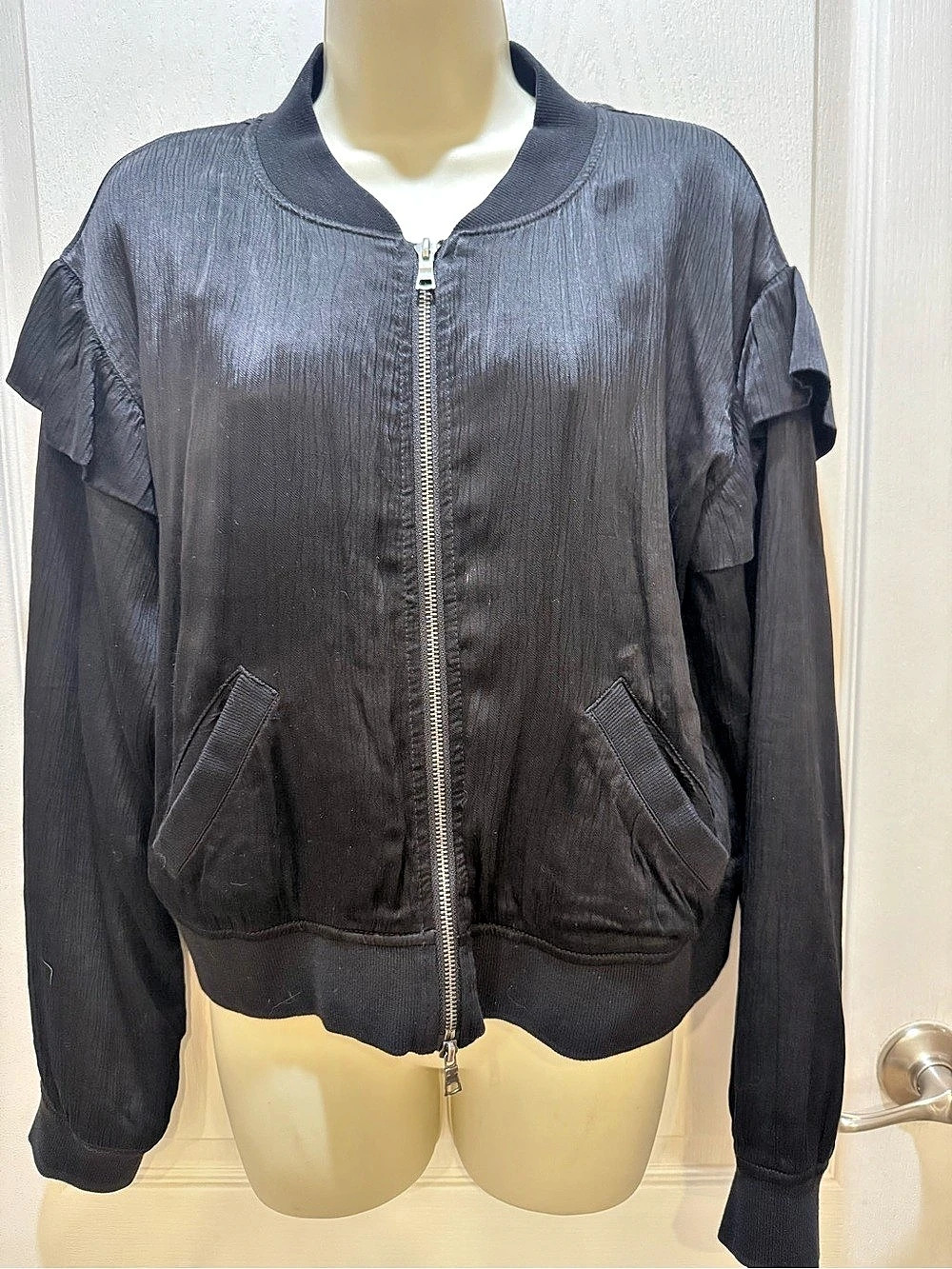 Marrakech Ruffle Sleeve Bomber Jacket in Black Size Small